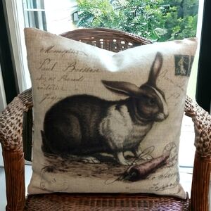 (1) FRENCH SCRIPT RABBIT POSTAGE 🪶 FILLED DECORATIVE THROW PILLOW 18X18